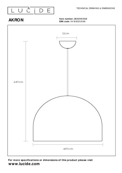 Lucide Premium AKRON - Suspension - Ø 50 cm - 1xE27 - Or Mat / Laiton - technique
